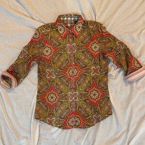 Women's Robert Graham Paisley Abstract Shirt Cuffed 3/4 Sleeve Size M